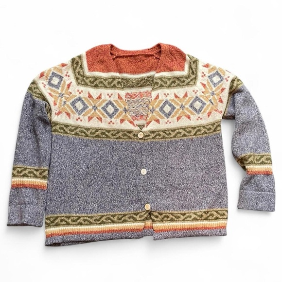 Sweaters - Unbranded Women's XL Multicolor Patterned Fair Isle V-Neck Big Button Cardigan